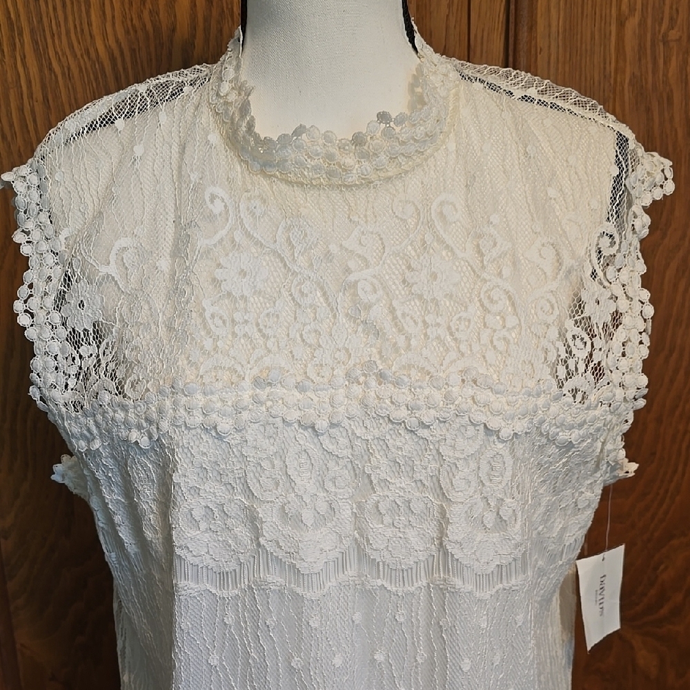 David's Bridal White Mock Neck Beautiful Lace Midi Dress